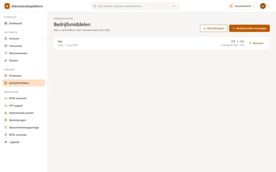 Bedrijfsmiddelen met hun afschrijving