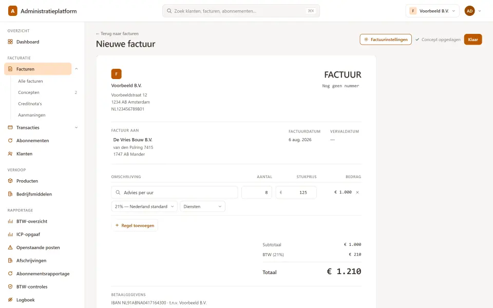 Het bewerkscherm van een factuur in ezboekhouding