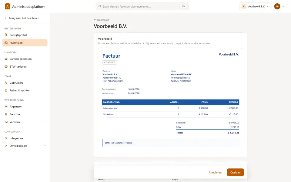Instellingen links, het document als live voorbeeld rechts
