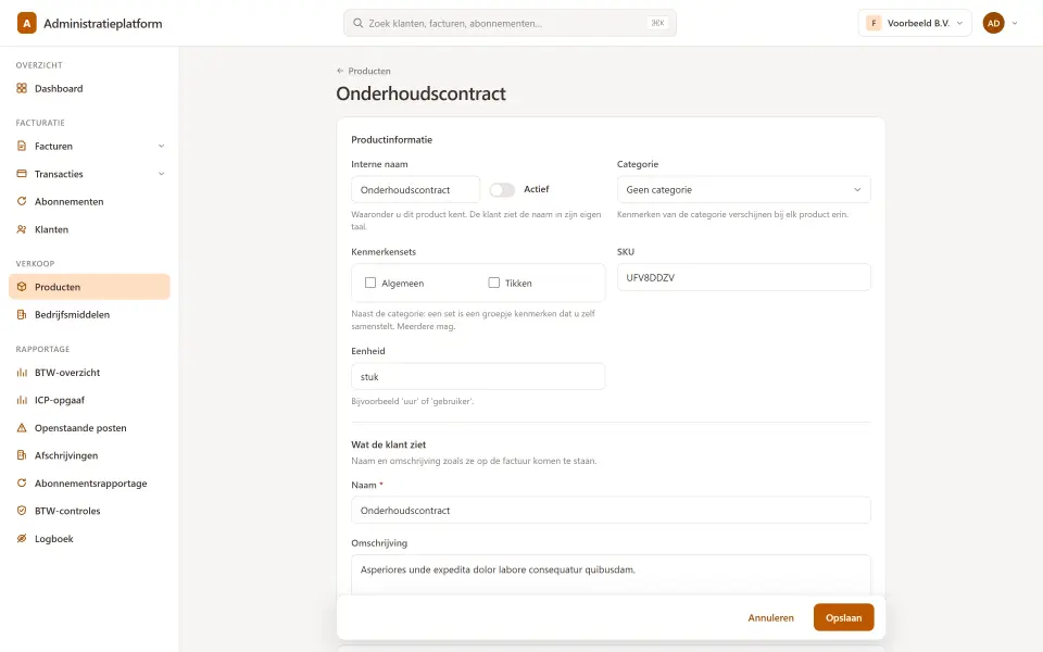 Kenmerken per set, elk met het invoerveld dat bij zijn soort hoort