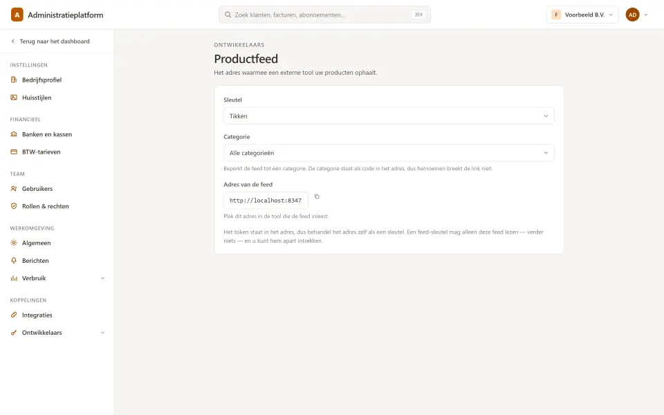 Sleutel en categorie kiezen, adres met kopieerknop